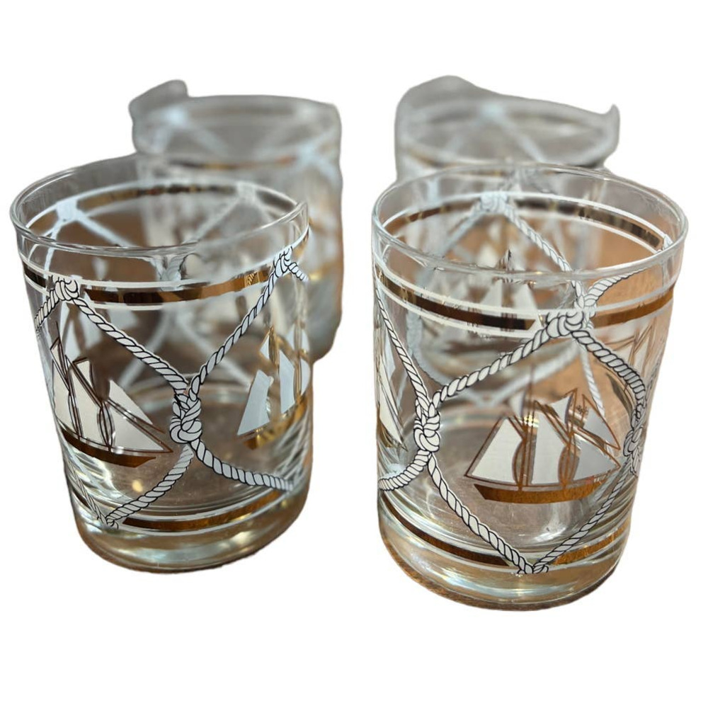 Set Of 4 Vintage Edgar Watkins Old Fashioned Glasses Sailboats Gold Accents